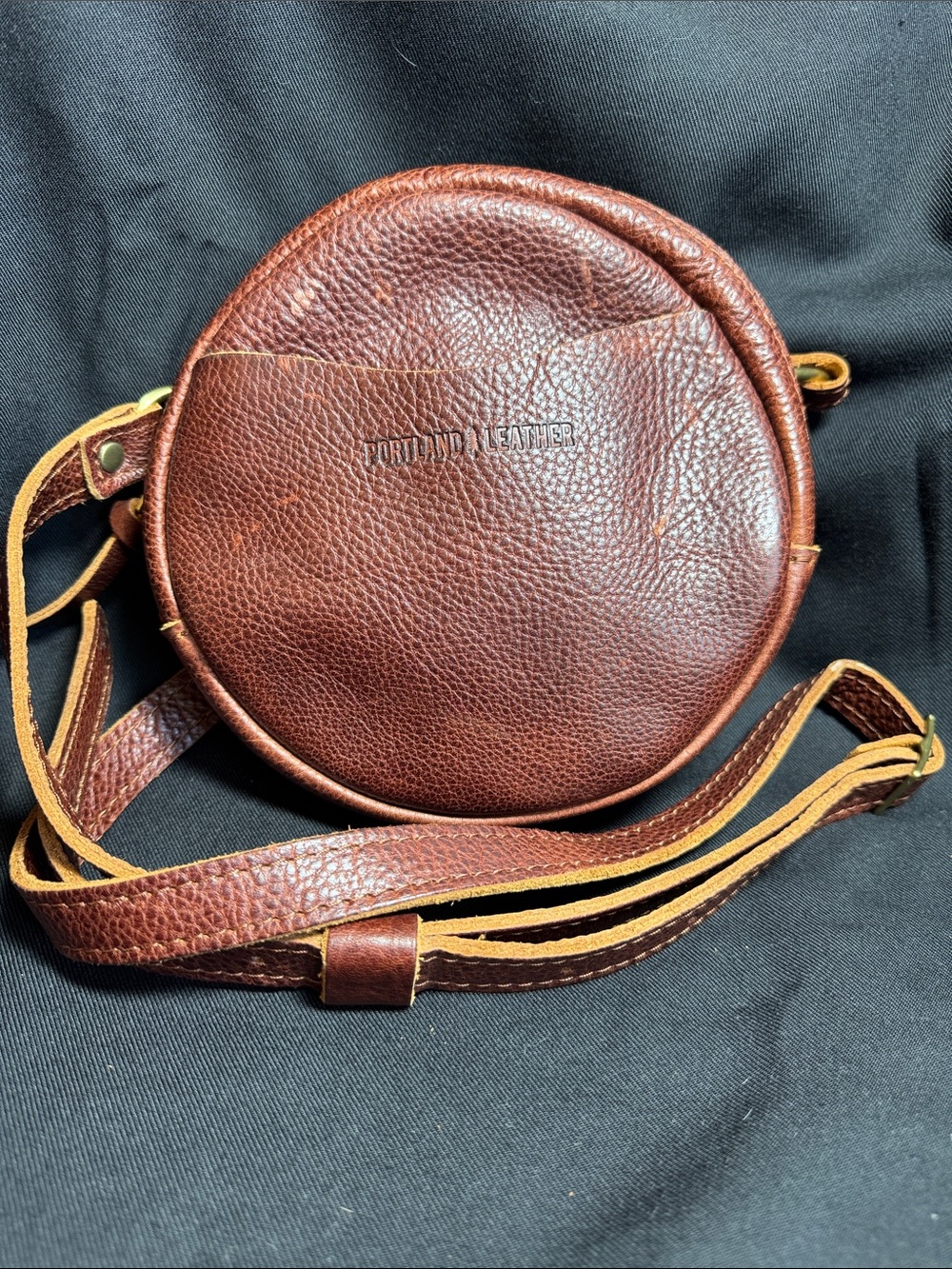 Portland Leather Goods Small Round Crossbody Purse Nutmeg Adjustable Strap